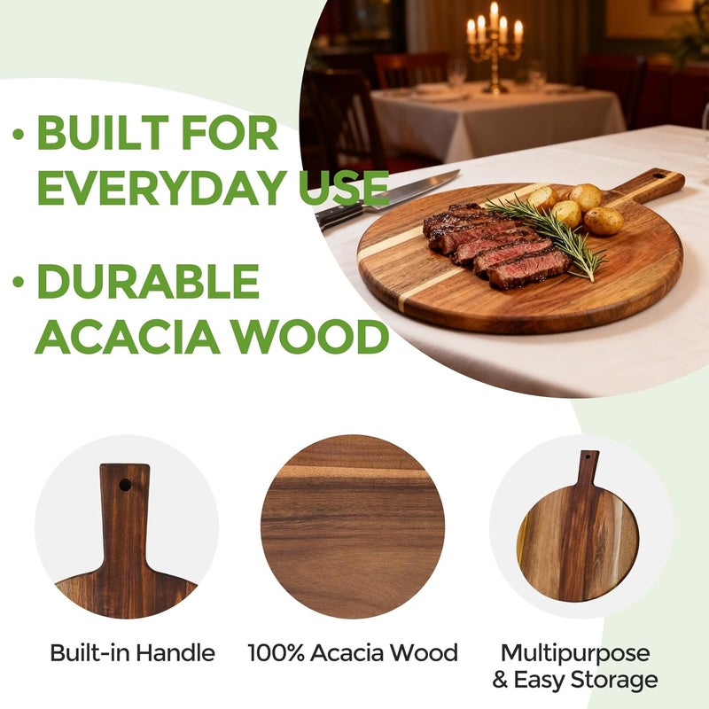 S310 Acacia Wood Round Cutting Board with Handle, Wooden Chopping Board for Meat, Cheese, Bread & Vegetables, Decorative Charcuterie Serving Board for Kitchen Cooking, Pizza & Party Dining, 17"x13" - Image 4